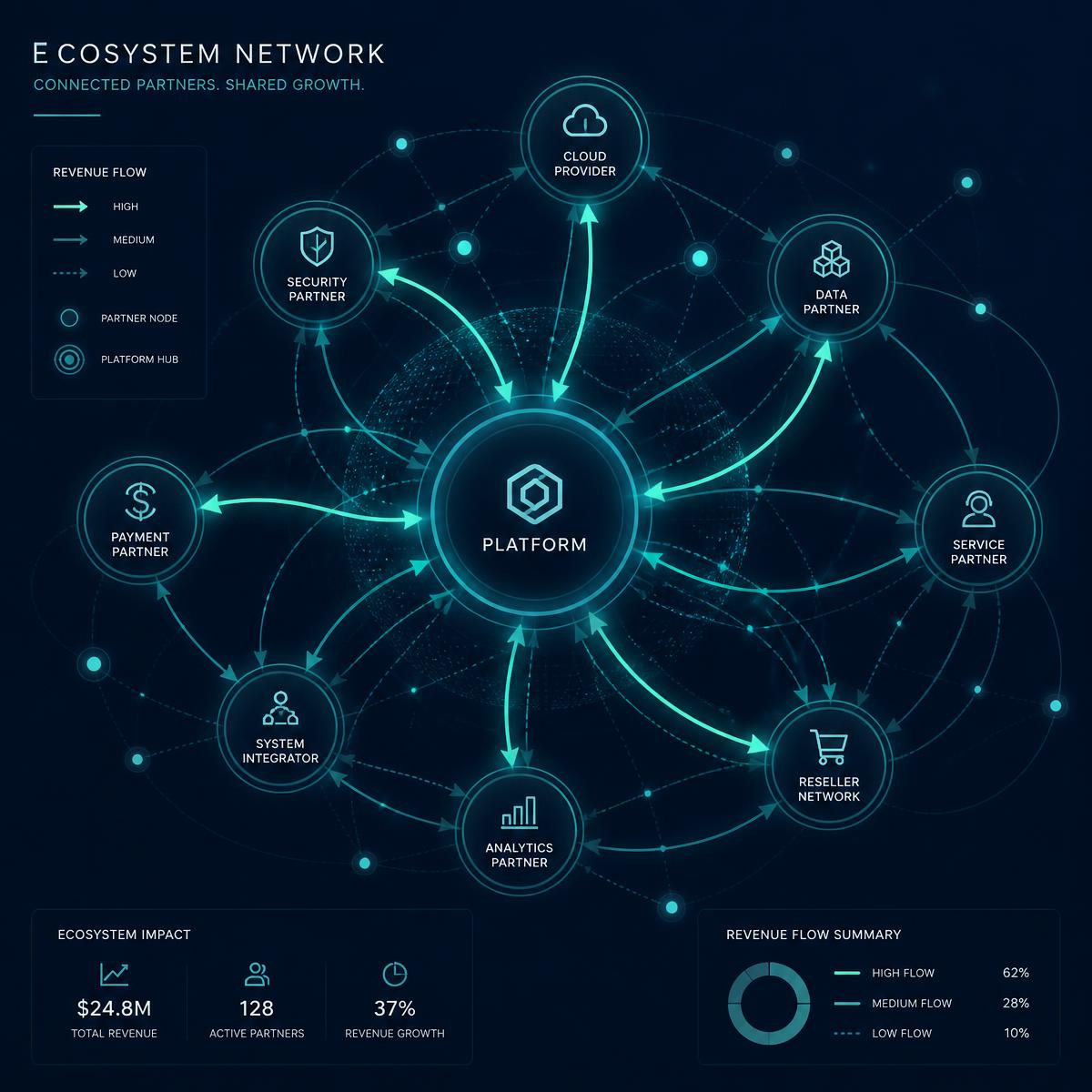 Visualización del ecosistema: nodos de partners conectados por flujos de ingresos